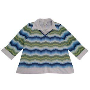 Alfred Dunner Knit Top Womens L Multicolor Chevron Patter Collared Layered Look